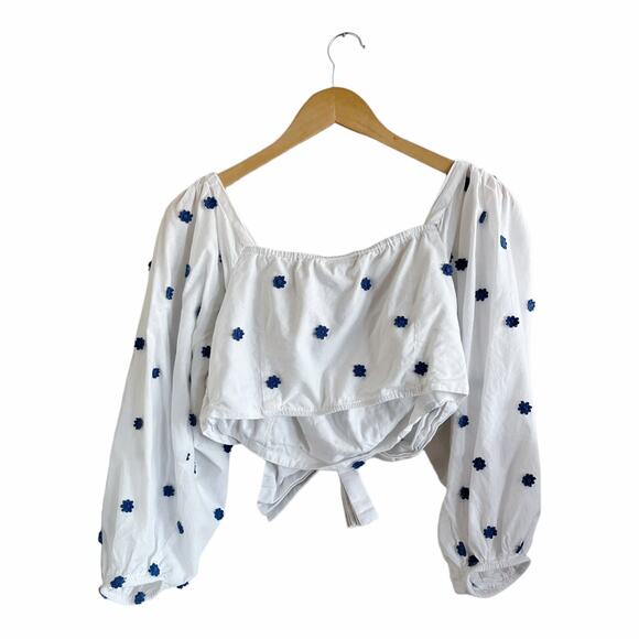 FARM RIO White Floral Embroidered Crop Top Blouse Cotton Puff Sleeve Medium EUC - Picture 6 of 9